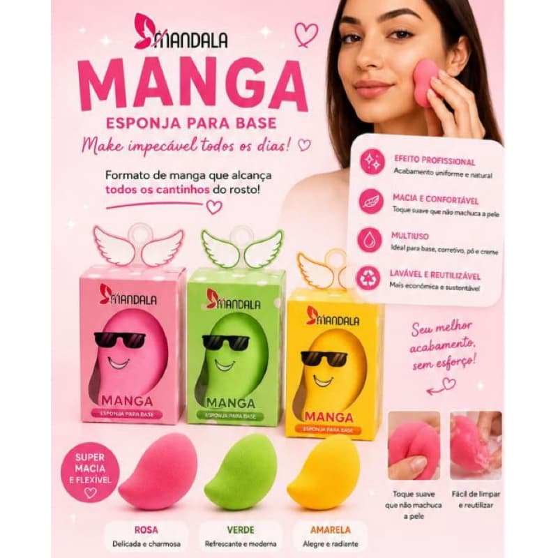 Esponja em formato de manga para maquiagem profissional  ,cobertura natural e uniforme.