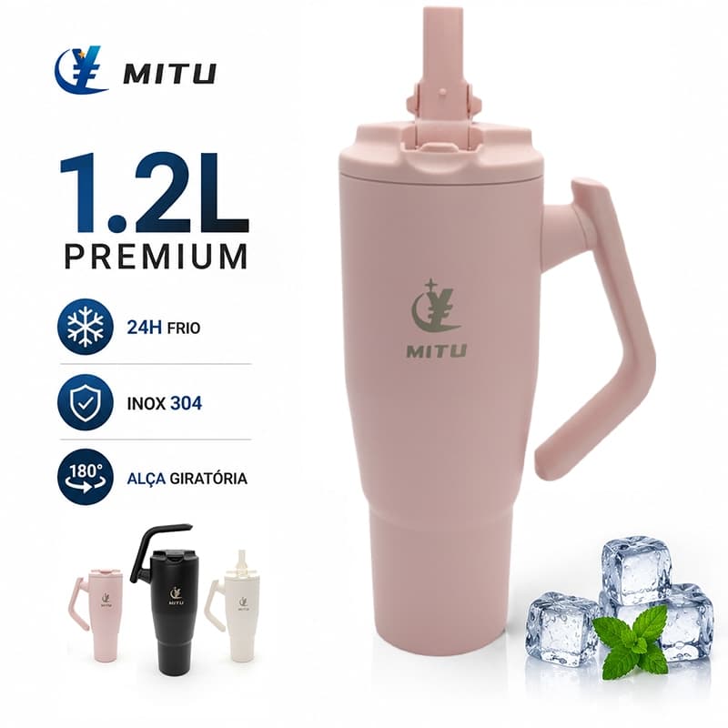 MITU Garrafa Térmica 1200ml Inox Premium – Alça Giratória, Bebida Quente/Fria e Acessórios Inclusos