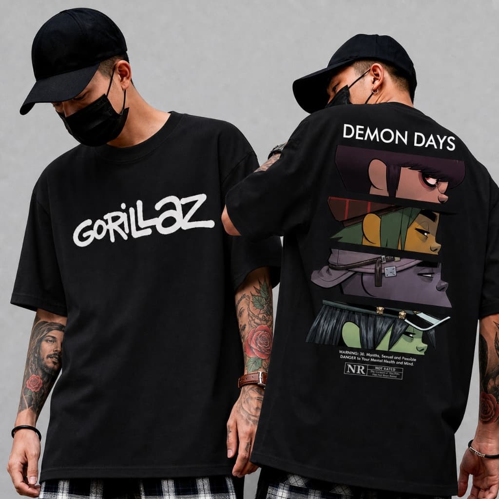 [Camiseta Premium em Algodão Puro]VU Camiseta Basica Gorillaz Demon Days Eyes The Mountain World Tour Blue Unissex