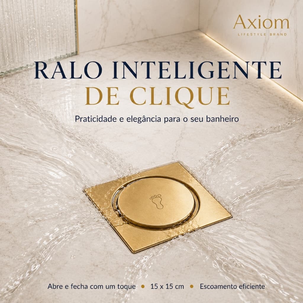 Ralo Click 15x15cm Quadrado Dourado Axiom Inteligente Banheiro Lavabo Veda Cheiro