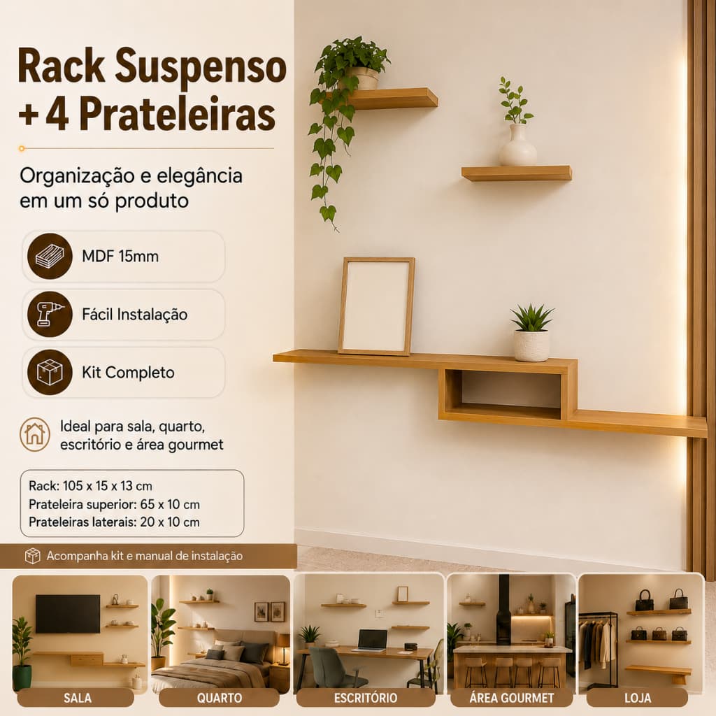 Rack Suspenso e Kit 4 Prateleiras Nicho MDF Para Tv Sala Quarto Escritório