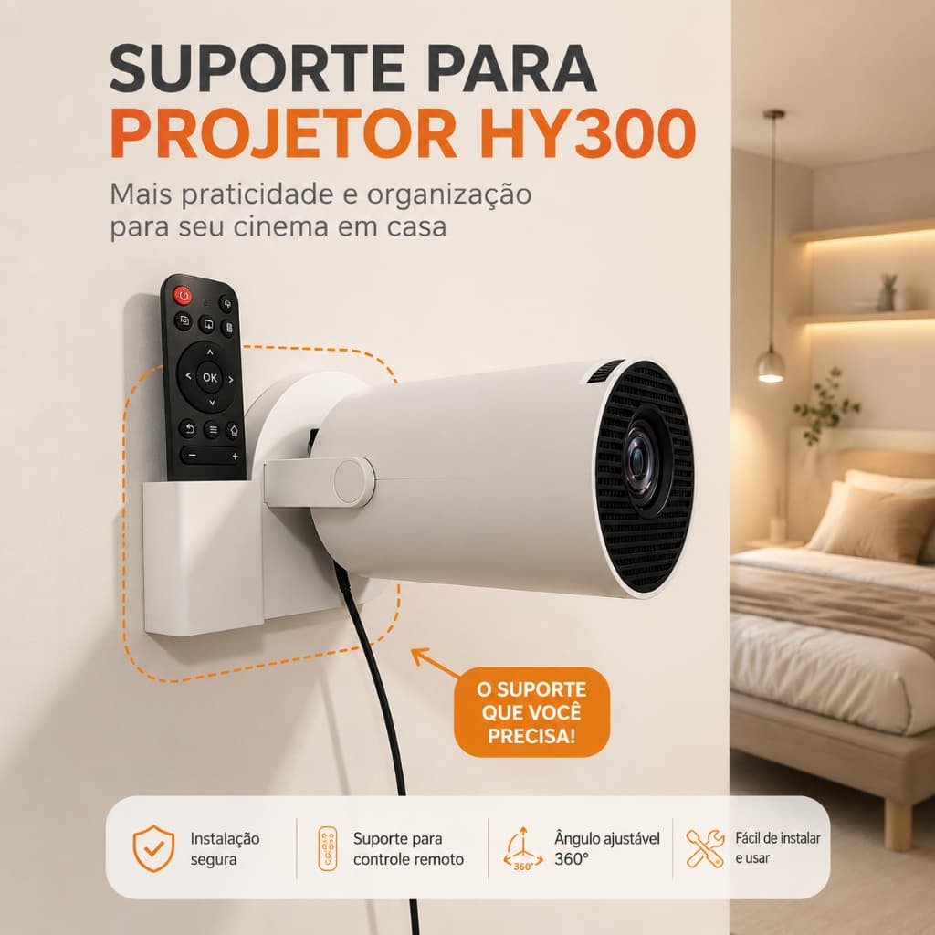 Suporte de Parede para Projetor HY300 com Porta Controle Remoto, Organizador para Mini Projetor