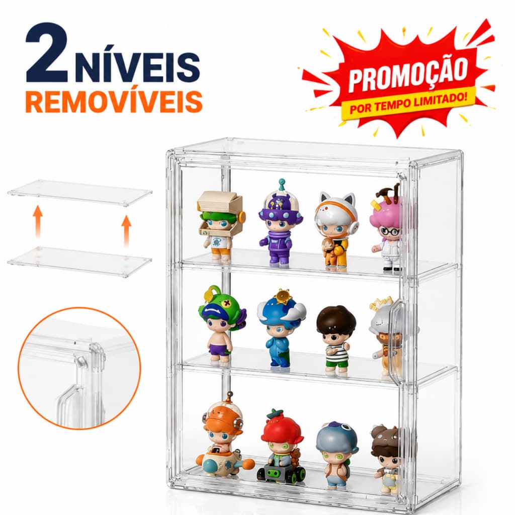 Caixa de Exibição Acrílica para Action Figures com 2 Níveis Removíveis e Tampa Antipoeira