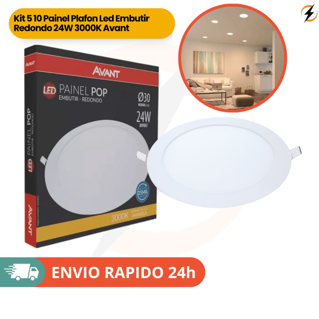 Kit 5 10 Painel Plafon Led Embutir Redondo 24W 3000K Branco Quente Avant