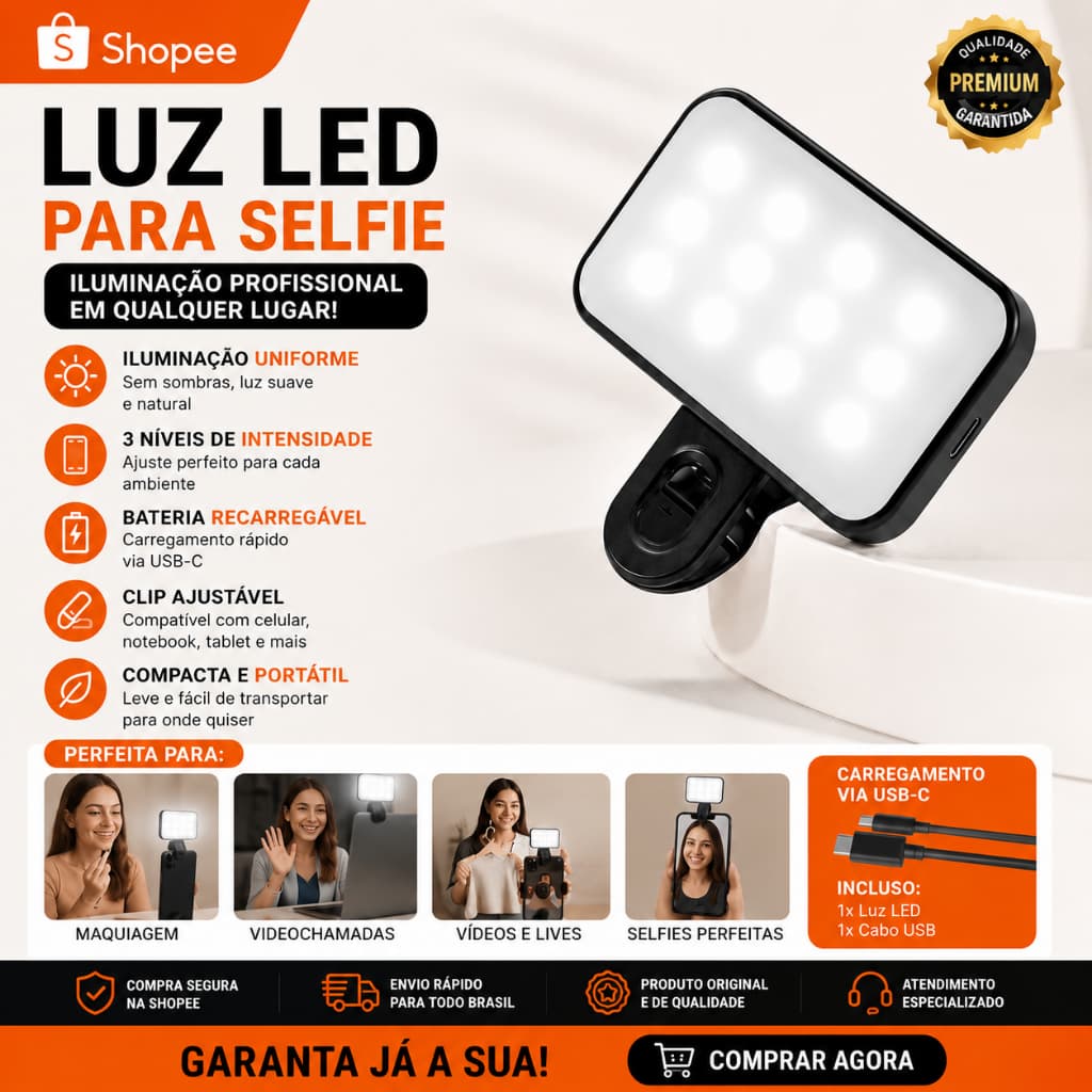 Luz LED para Selfie Recarregável USB-C | Clip para Celular, Notebook e Tablet | 3 Níveis de Brilho