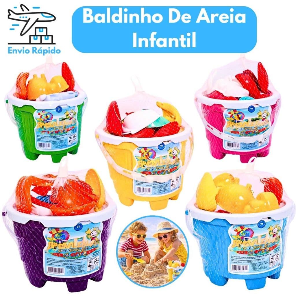 Baldinho de Praia Infantil com 6 Acessórios Kit Castelo de Areia com Pá e Forminhas de Bichos