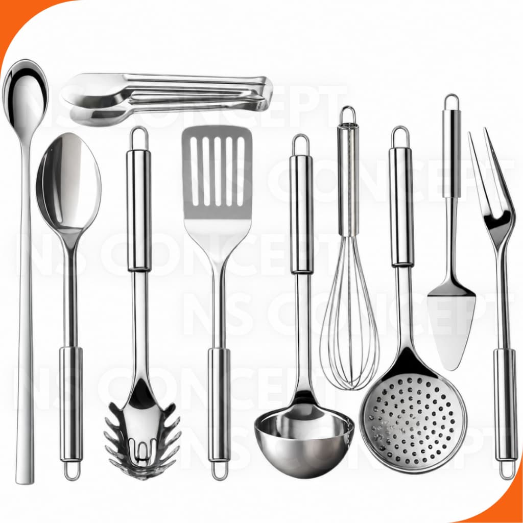 Utensílios De Cozinha Inox Premium Completo, Colher, Concha, Escumadeira, Espátula, Pegador, Garfo, Fue, Colher de Suco
