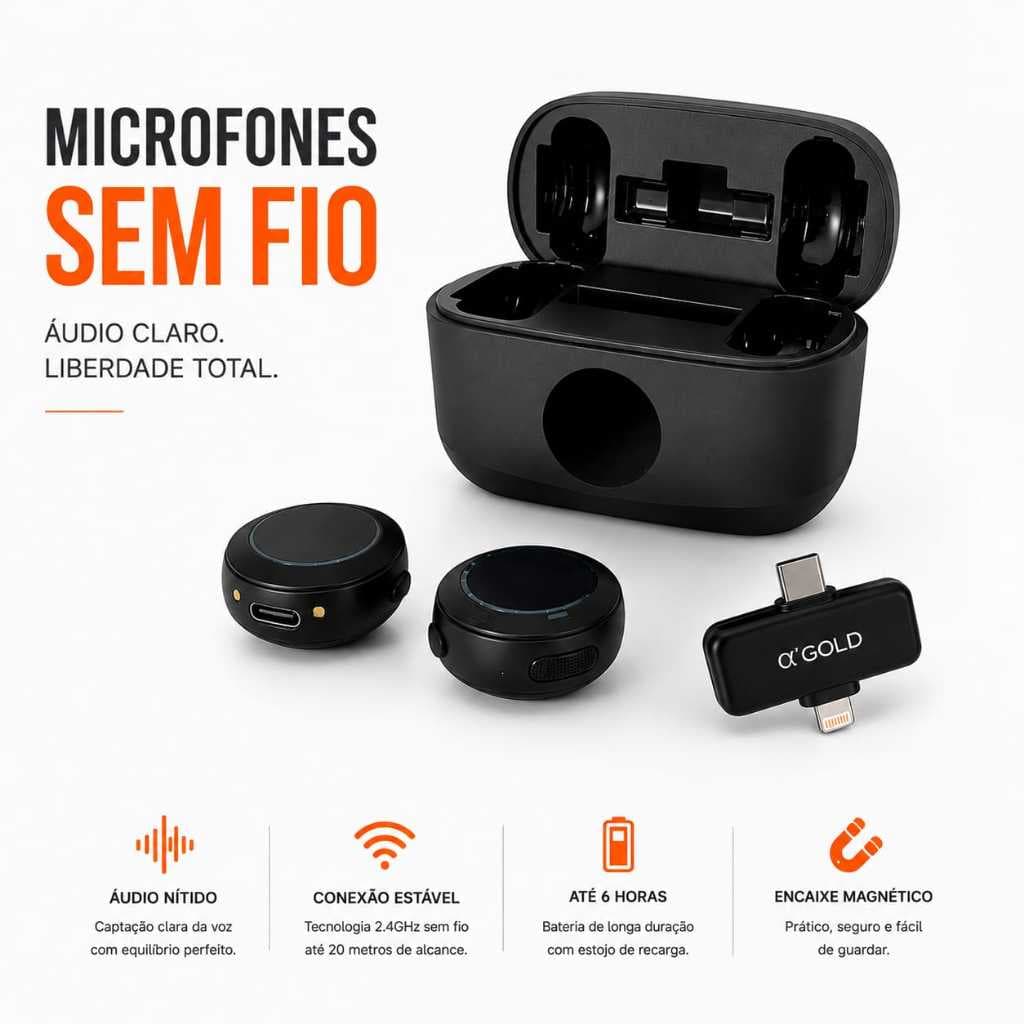 Microfone de Lapela Sem Fio Duplo 2 em 1 USB-C e IOS Lightning com Estojo de Carregamento Magnético