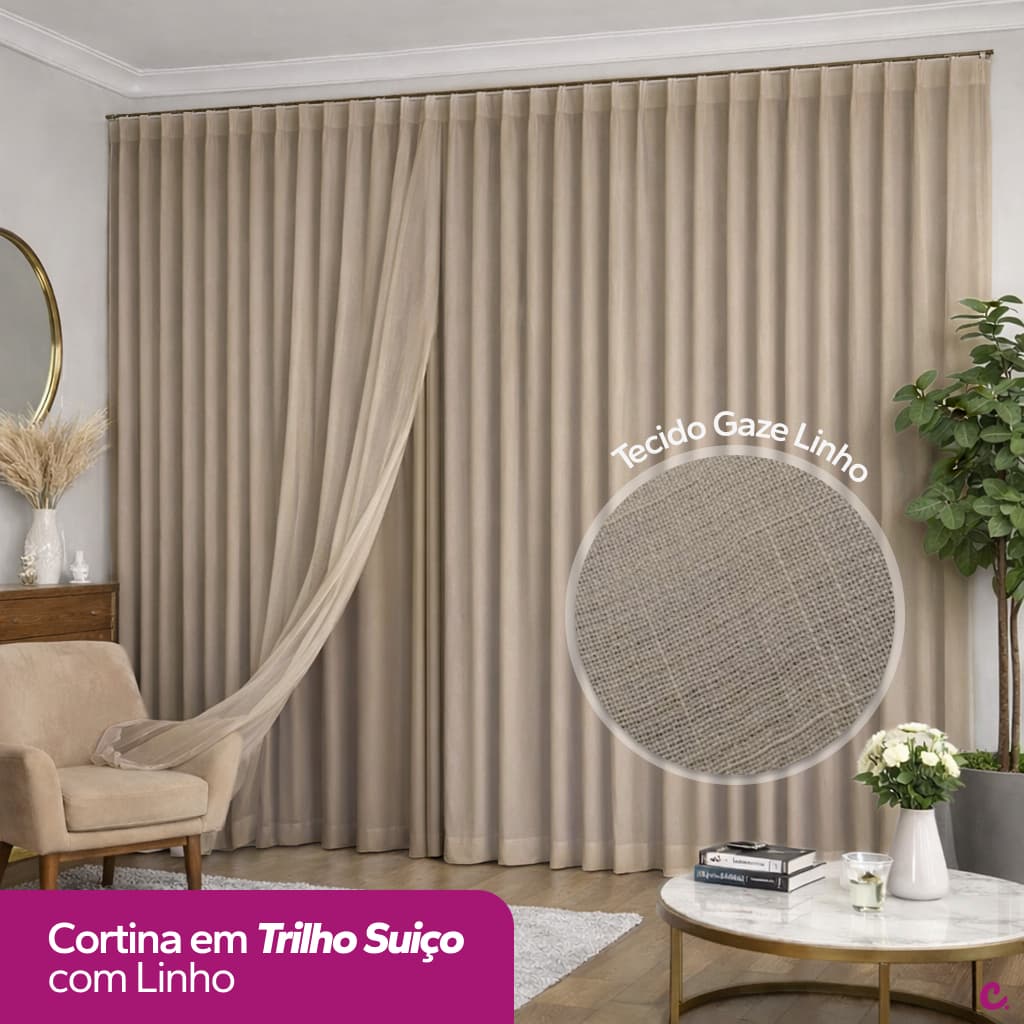 Cortina TRILHO SUIÇO Sala e Quarto Linho com Forro Microfibra Premium de Luxo