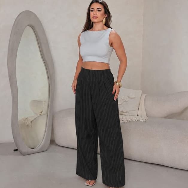 Calça Pantalona Feminina Listrada Cintura Alta com Elástico nas Costas