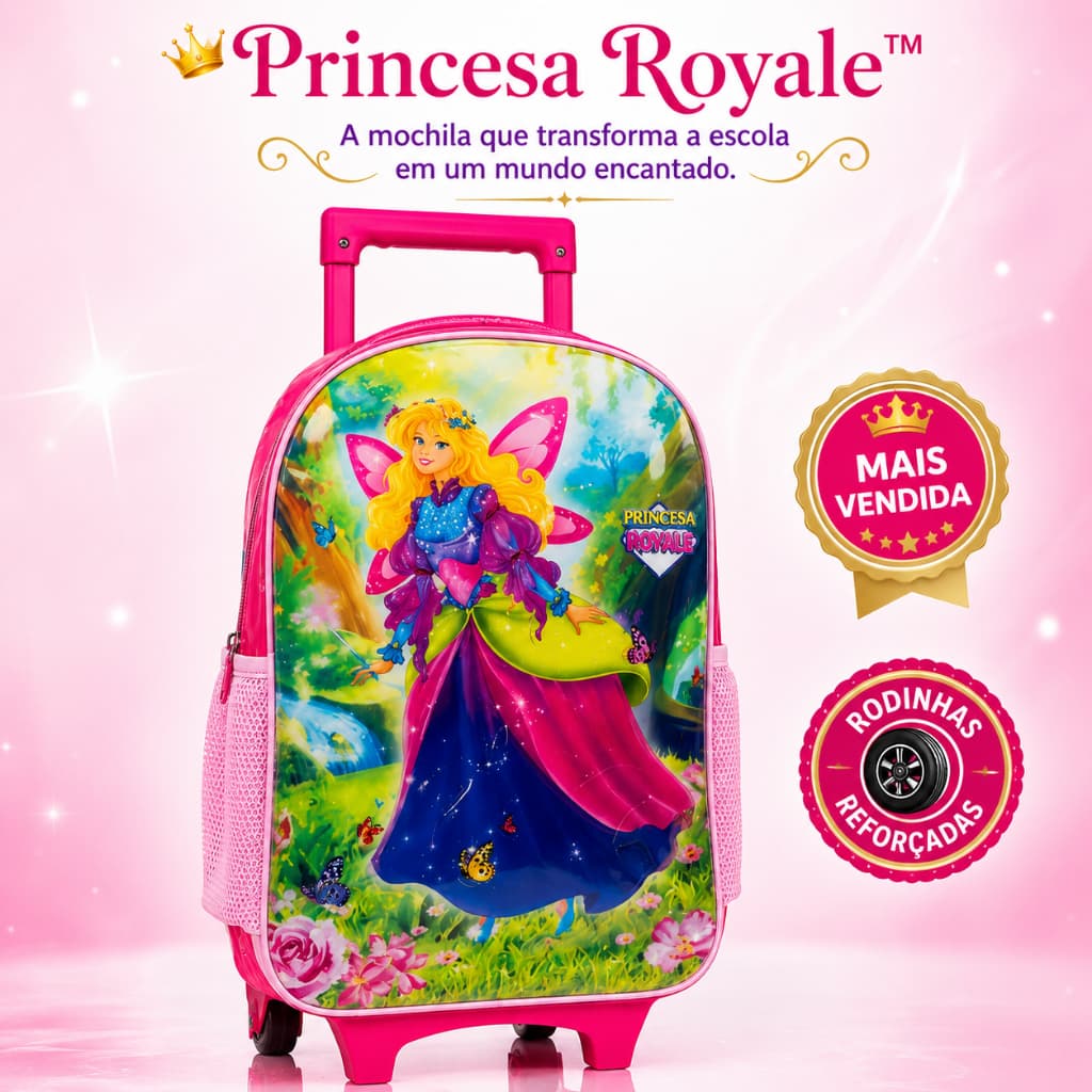 Mochila Infantil de Rodinhas Princesa Royale Rosa Menina Escolar Resistente 17L