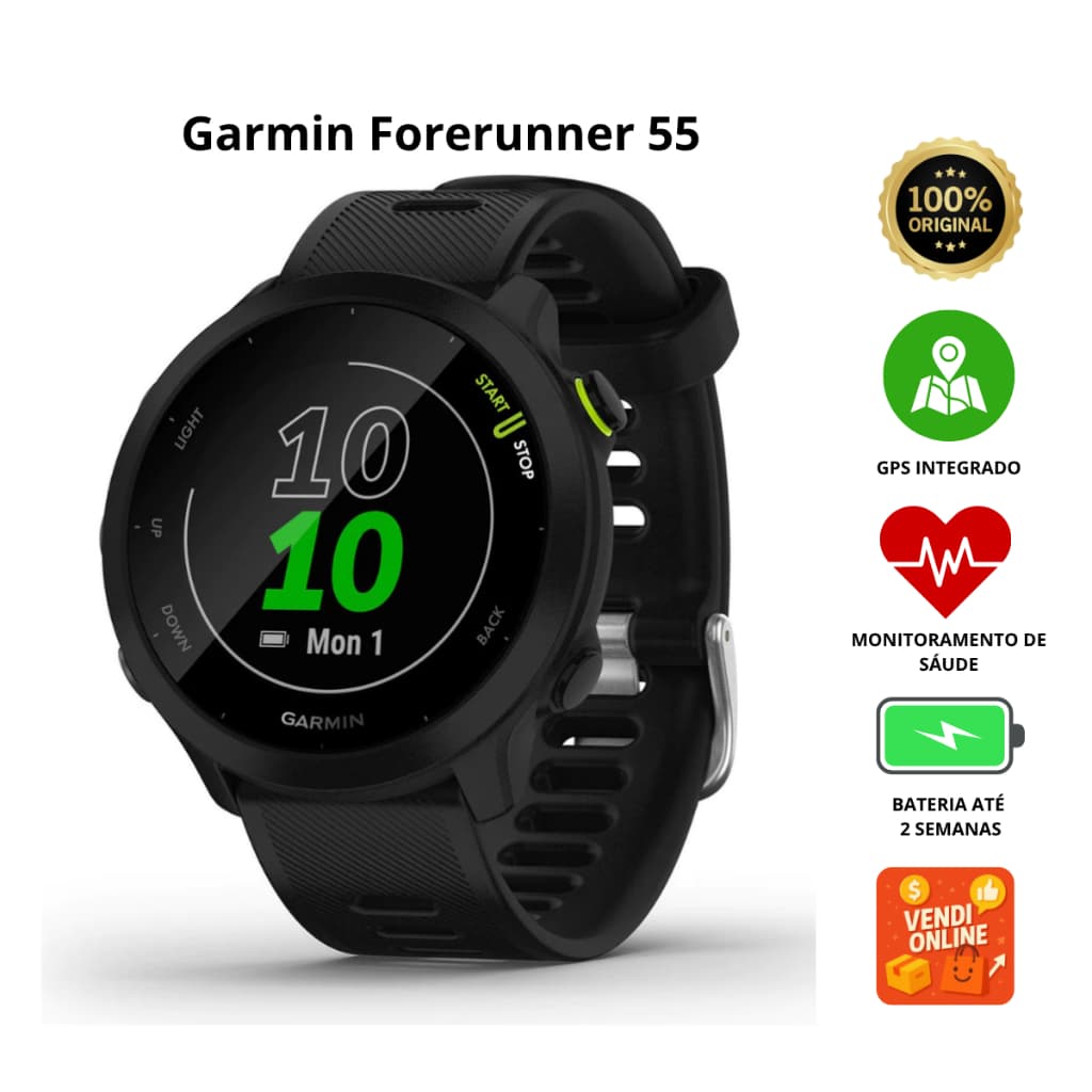 Relógio Garmin Forerunner 55 Monitor Cardíaco E GPS 42mm Black Preto
