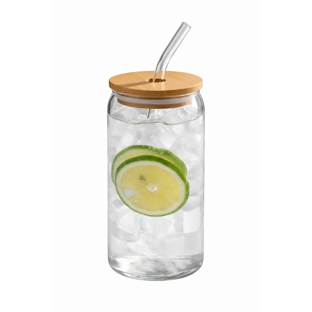 Copo De Vidro Com Canudo Tampa Bambu 600ml Liso