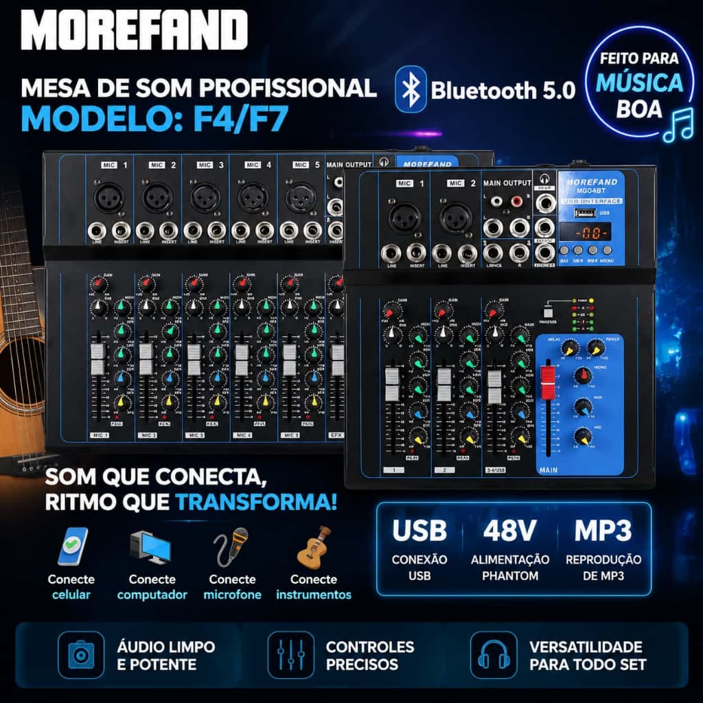 Mesa de Som Profissional 7 Canais 48V Phantom Efeitos Internos Console para Palco Eventos e Estúdios
