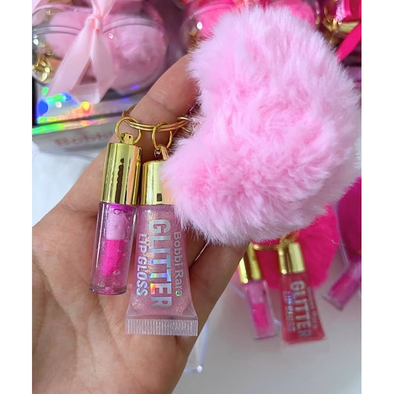 kit Chaveiro Lip Gloss Labial Glitter Pompom Bobbi Rara