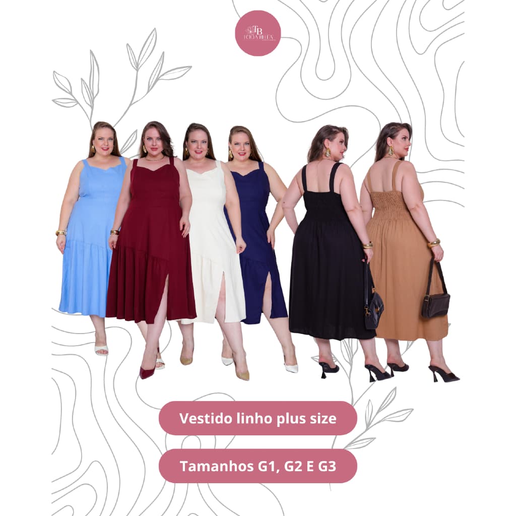 Vestido feminino casual de linho plus size com elastex nas costas, fenda e detalhe na saia