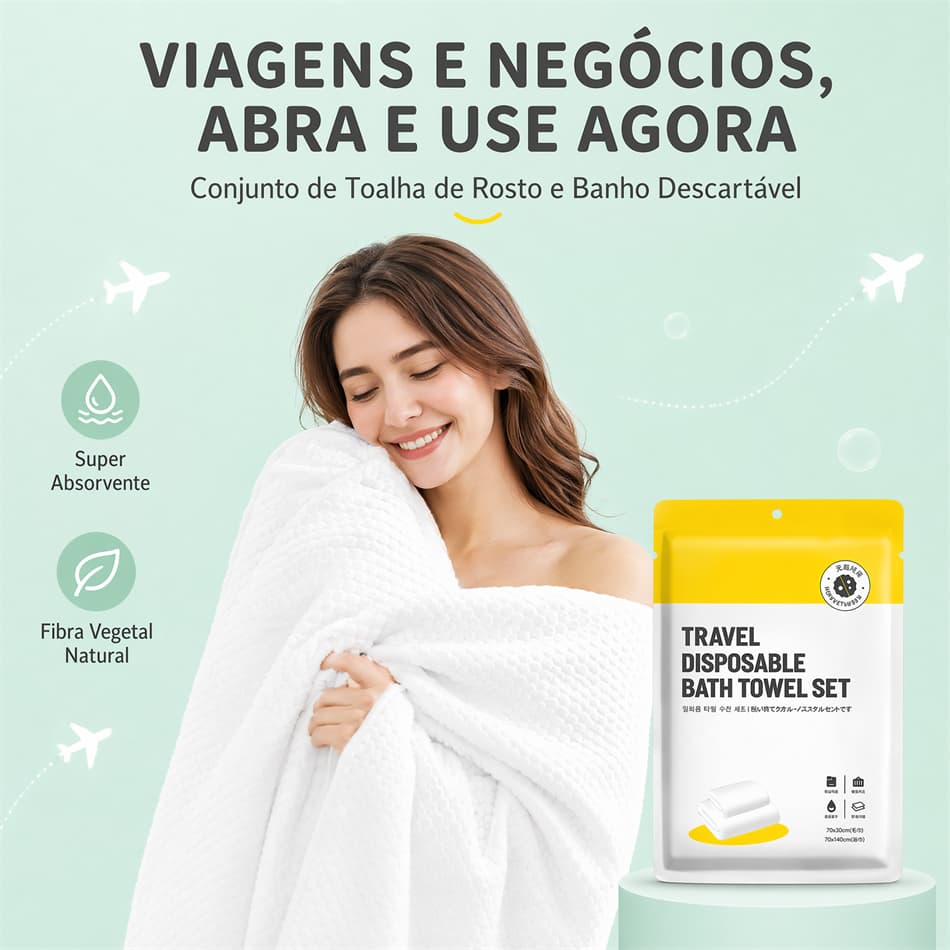 Conjunto Toalha de Banho e Rosto Descartável Viagem Fibra Vegetal Super Absorvente