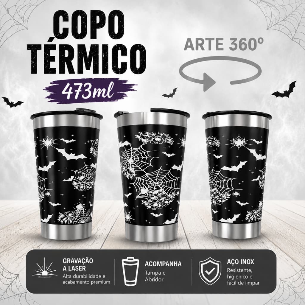 CANECA DE CHOPP 709 COPO TÉRMICO COM ARTE A LASER 360º GRAUS TEMA: halloween Gótico Rock Morcego COPO 473ML