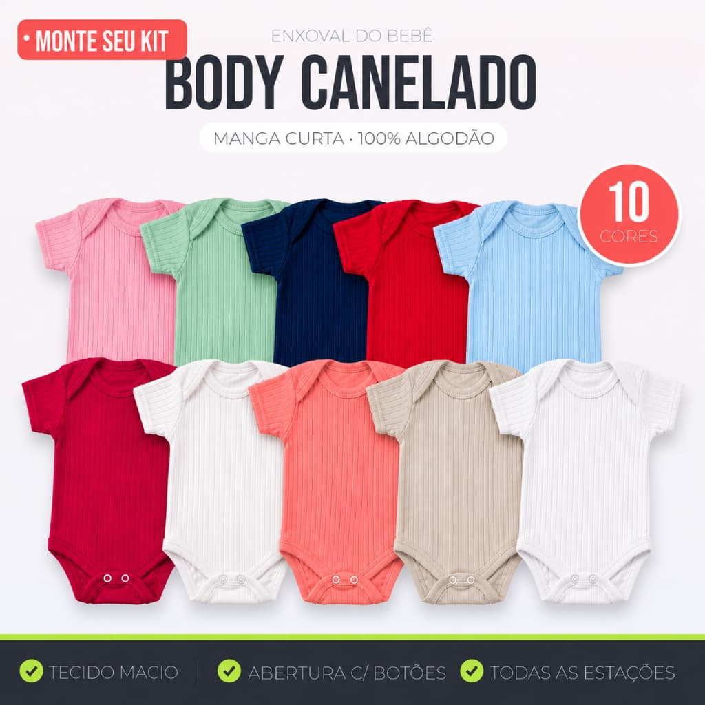 Kit 5 Bodies Canelados Bebê 100% Algodão Manga Curta Menino Menina RN P M G