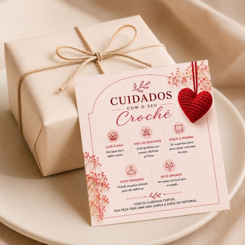 Cartão de Cuidados com o Crochê | Tag Informativa para Embalagem Artesanal
