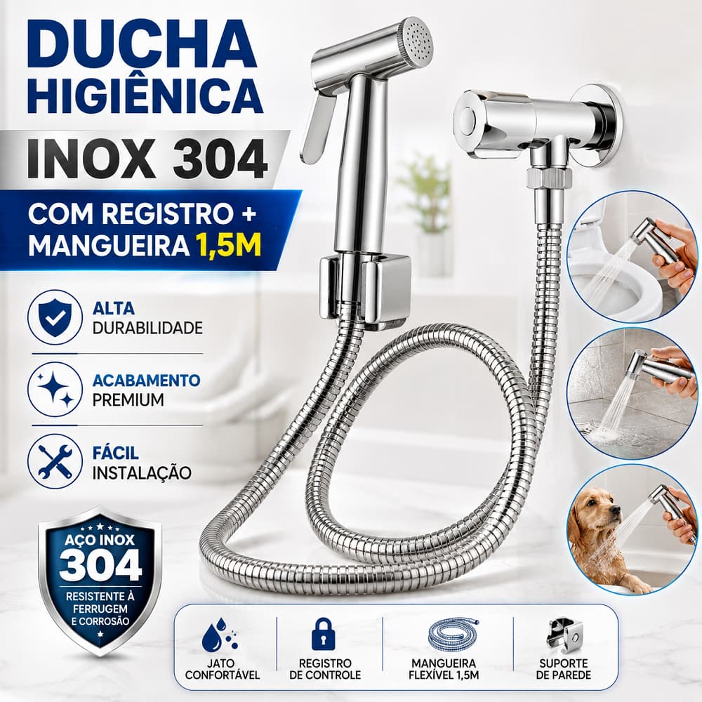 Ducha Higiênica Aço Inox 304 Metal e ABS Com Registro Chuveirinho Prata Mangueira Gatilho Suporte