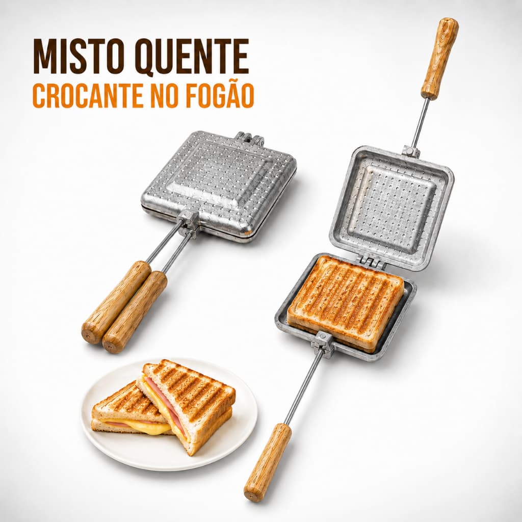 Kit 2 Tostadeira Manual de Alumínio Sanduicheira de Fogão Misteira Tostex Cabo Madeira