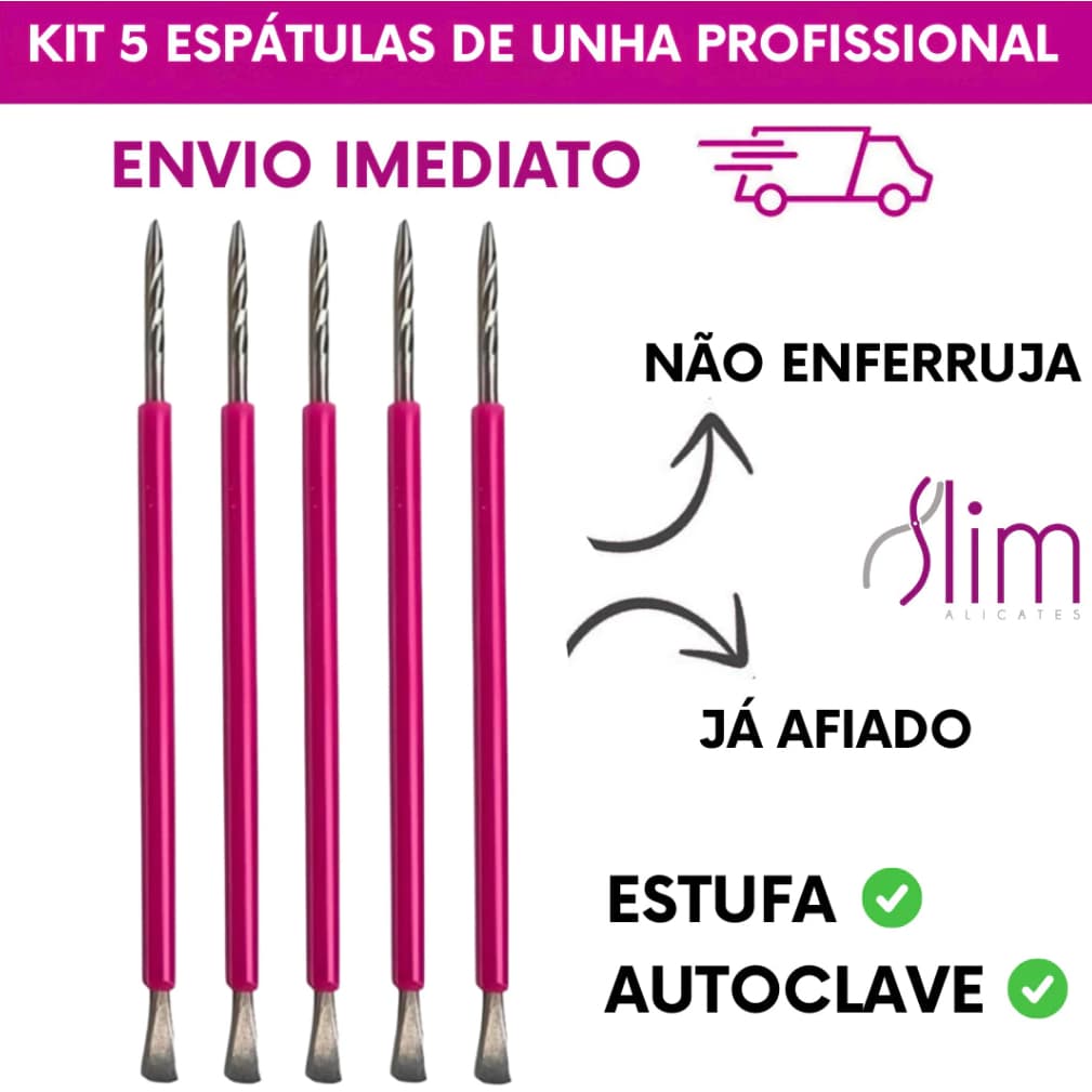 Kit 5 Espátulas Bastão Inox com Silicone Rosa – Para Fazer Unhas