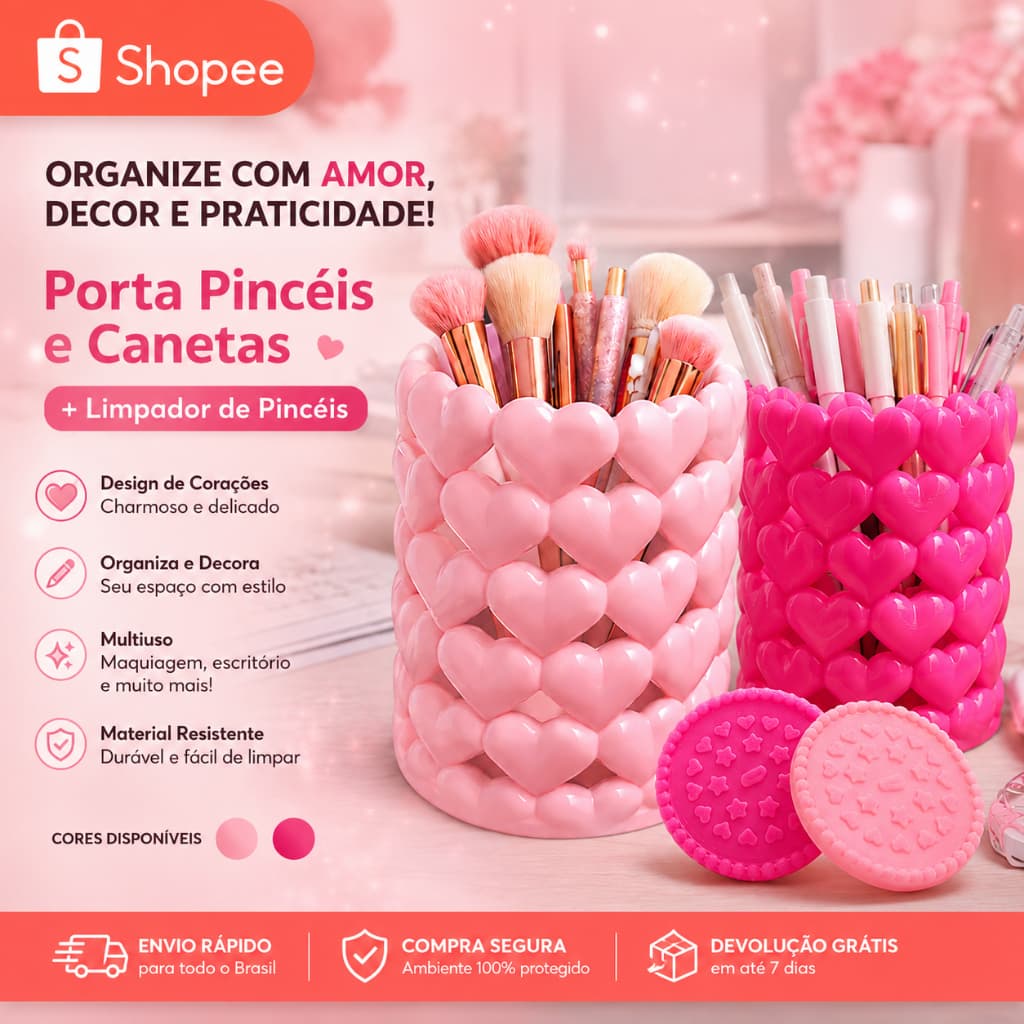 Porta Pincéis Maquiagem Organizador Corações Porta Canetas Decoração Quarto Escritório