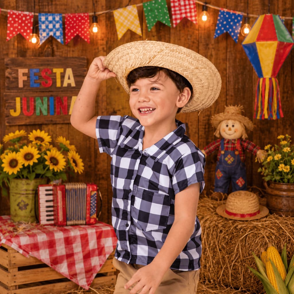 Camiseta Xadrez Infantil Menino | Festa Junina 2, 3, 4 ANOS