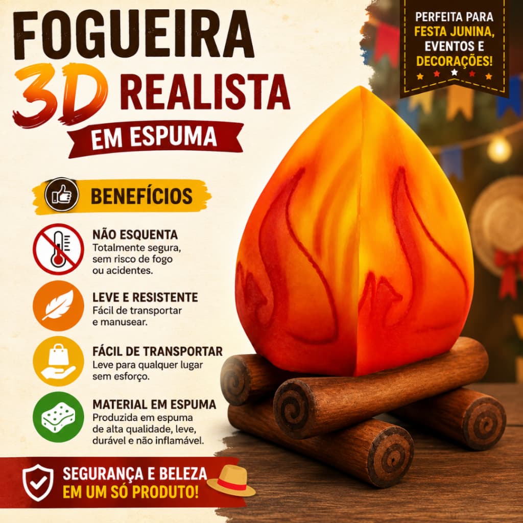 Fogueira Junina 3D Realista Em Espuma Decoração São João Arraiá Enfeite Cenário Festa Junina