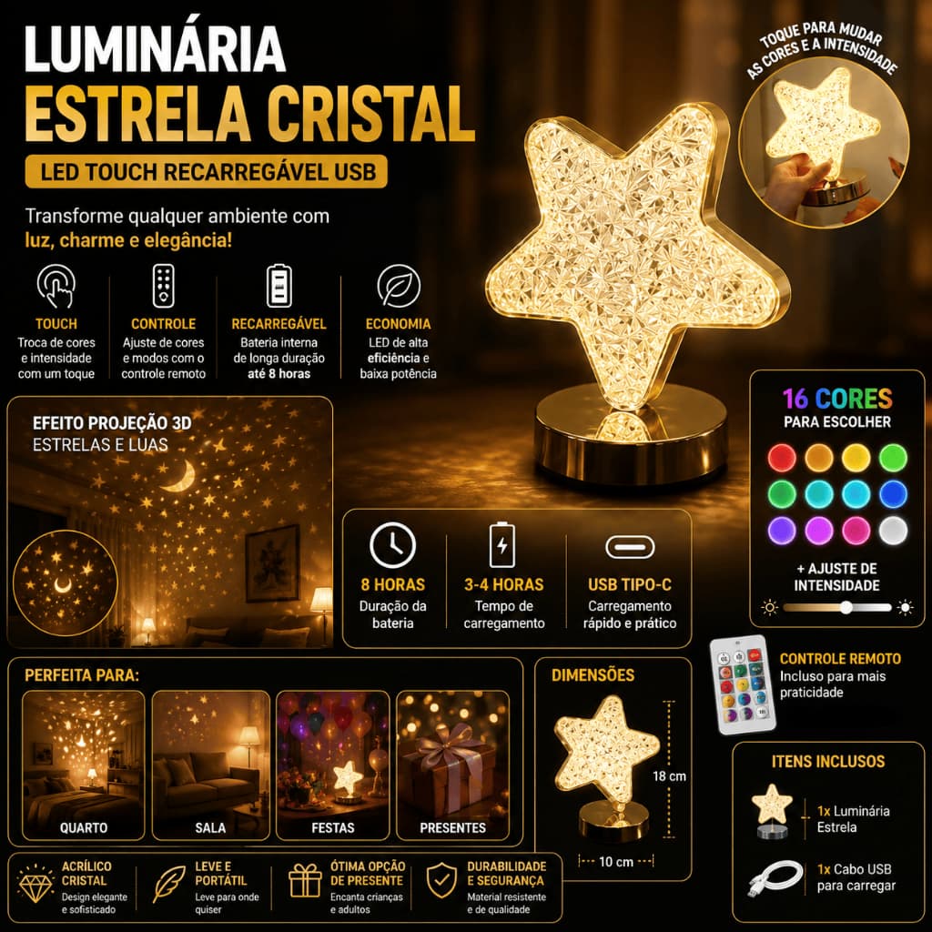 Abajur Cristal LED Recarregável USB Touch com Controle Remoto Luz Decorativa Estrela