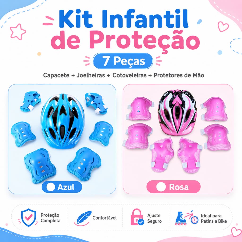 Kit Infantil Proteção Completo Capacete Joelheira Cotoveleira Munhequeira Bicicleta Patins Skate
