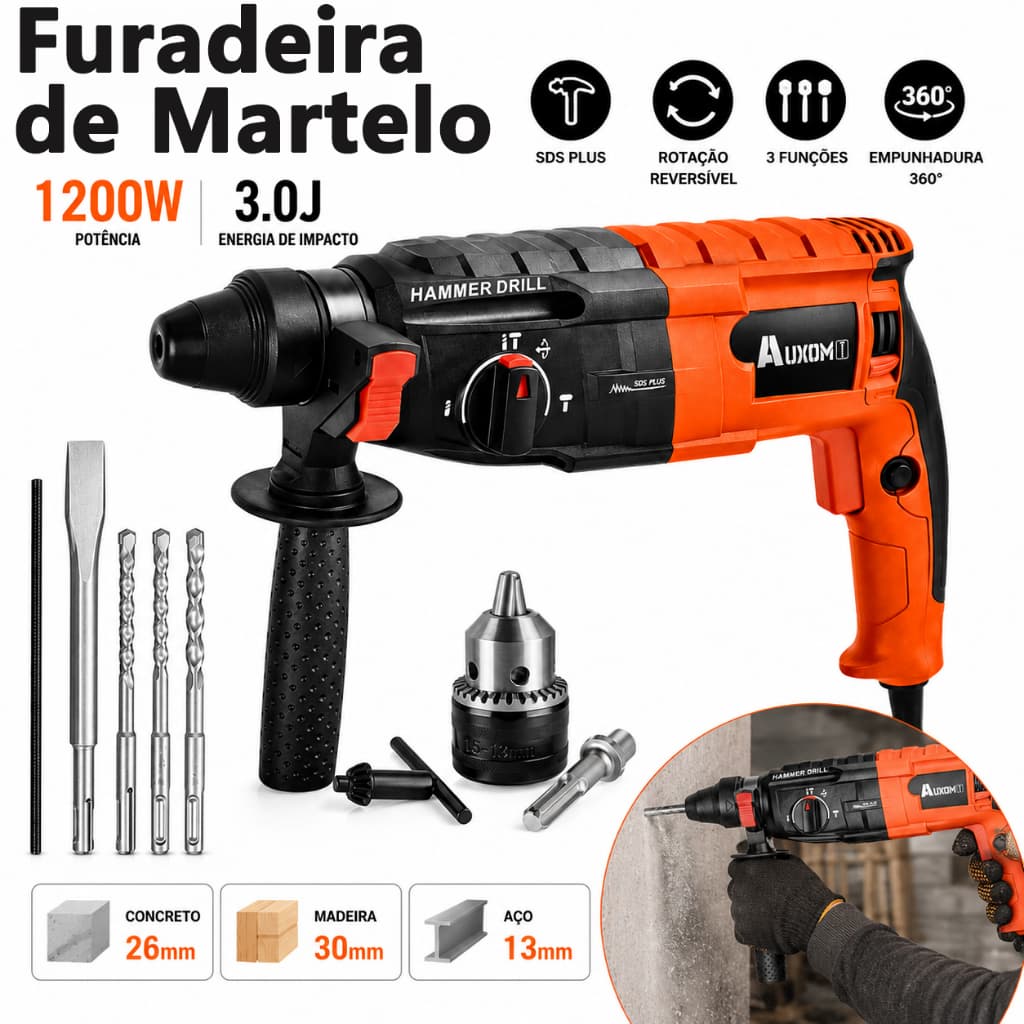 Martelete 1200W Furadeira de Impacto Rompedor Demolidor Profissional Com Acessorios