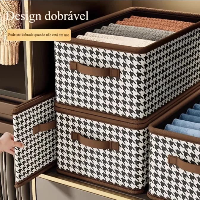 Kit 5 Caixas Organizadora + Alça de Couro Dobrável Retrátil de Guarda Roupa