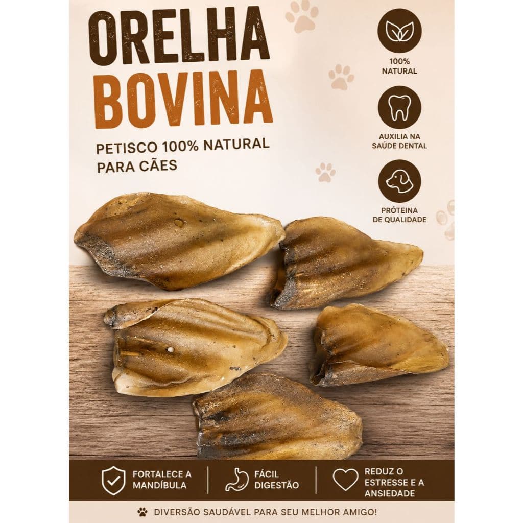 Orelha Bovina Comestível Para Cachorro Mordedor Natural Desidratado Petisco Pet