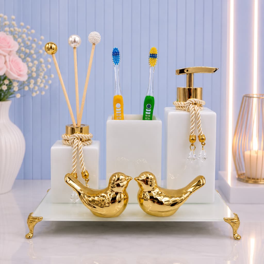 Kit Lavabo Branco/Dourado Luxo, Difusor de Ambiente, Saboneteira, Bandeja Espelhada 22 x 12 cm, 2 Passarinhos, Porta Esc