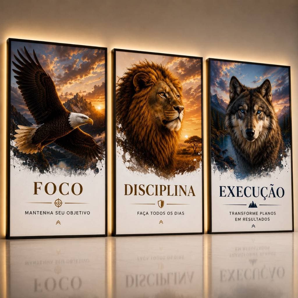 Quadro Decorativo Motivacional Águia Leão Lobo 3 Peças Foco Disciplina Execução Mentalidade Forte Escritório Luxo