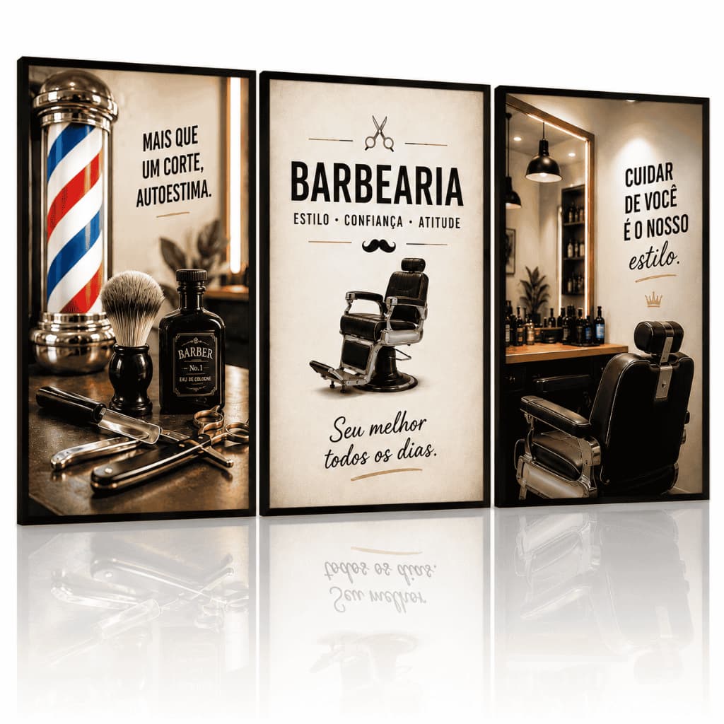 Quadro Decorativo Barbearia Vintage 3 Peças – Estilo, Confiança e Atitude para Barbearias Modernas