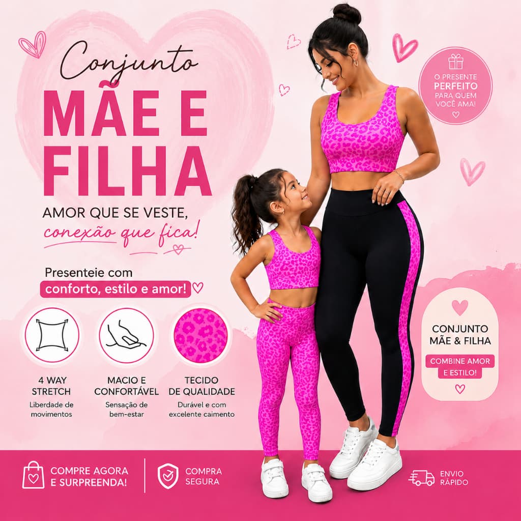 Conjunto Mãe e Filha Look fitness Academia Especial Animal Print Rosa Conforto e Estilo