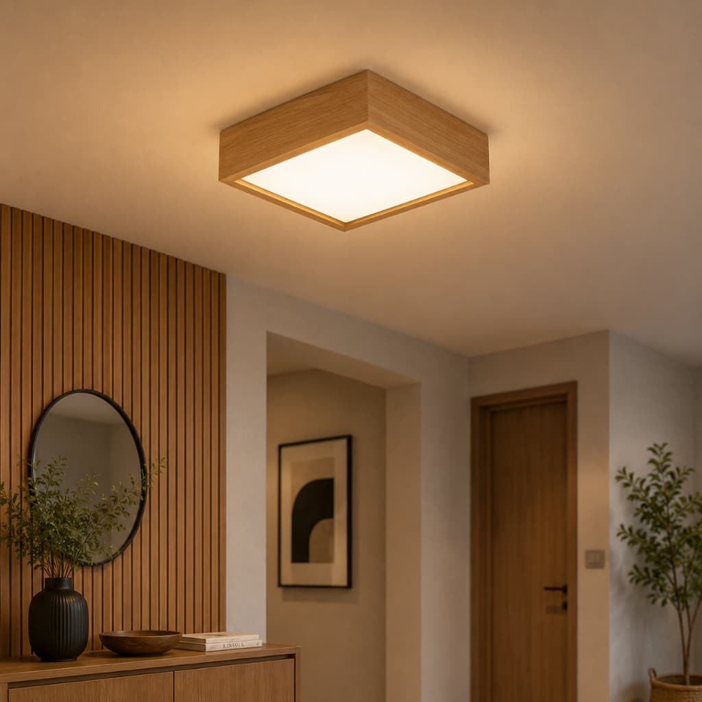 Plafon Quadrado 25cm Luminária Sobrepor Madeira Moderna 2 Soquete E27 Sala Quarto Cozinha Corredor