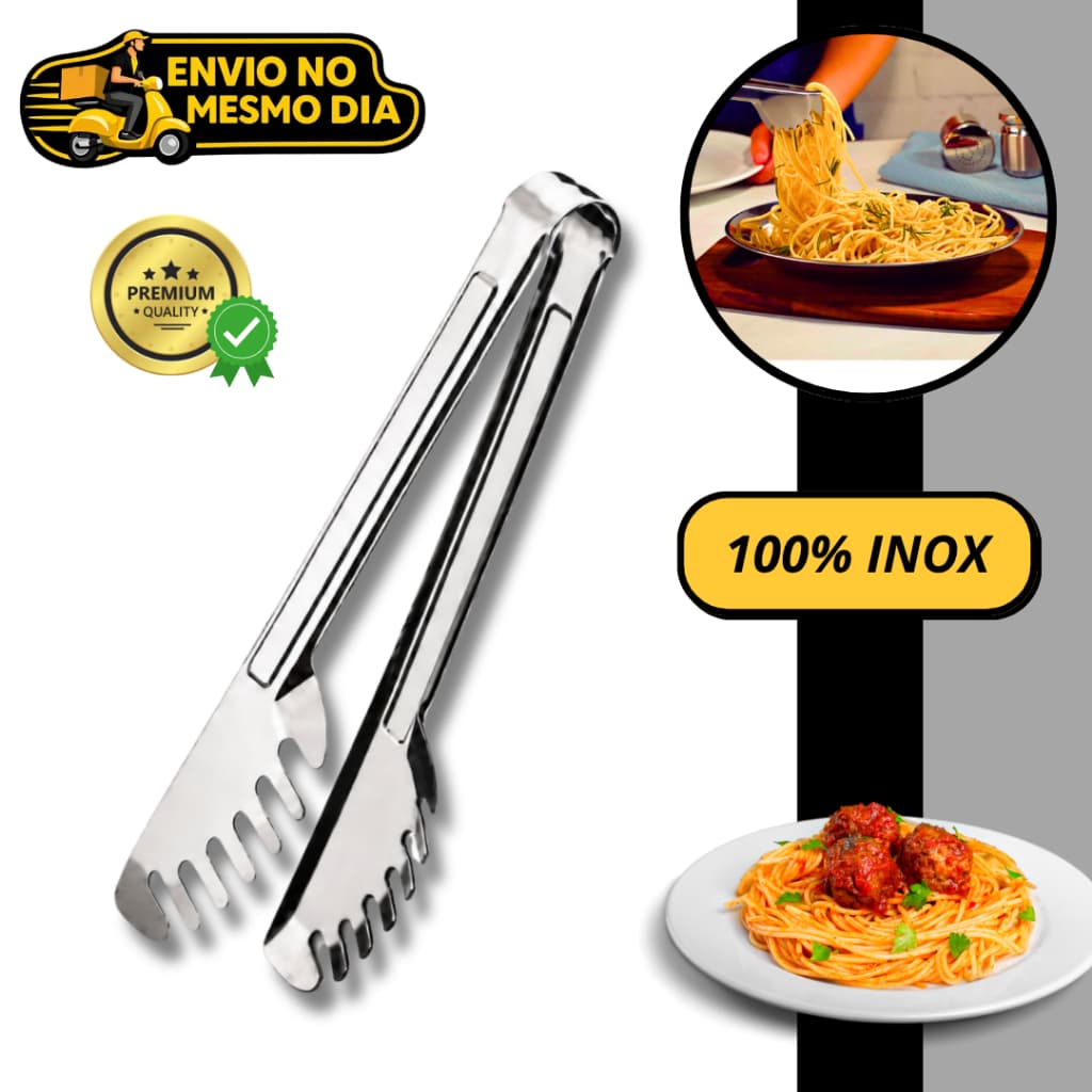 Pegador de Massas Alimentos 20cm 100% Aço Inox Pinça Multiuso para Massa Macarrão Salada Churrasco Utensilio Cozinha