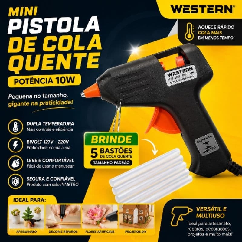 Pistola de Cola Quente Mini Western 10W Bivolt Para Bastão 7mm + 5 Bastão de cola quente fino.