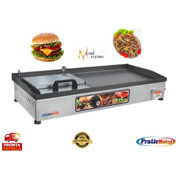 Chapa Chapeira Elétrica de Hamburguer 70x30 com Abafador Prensa Profissional Para Lanches Hot Dog Comercial