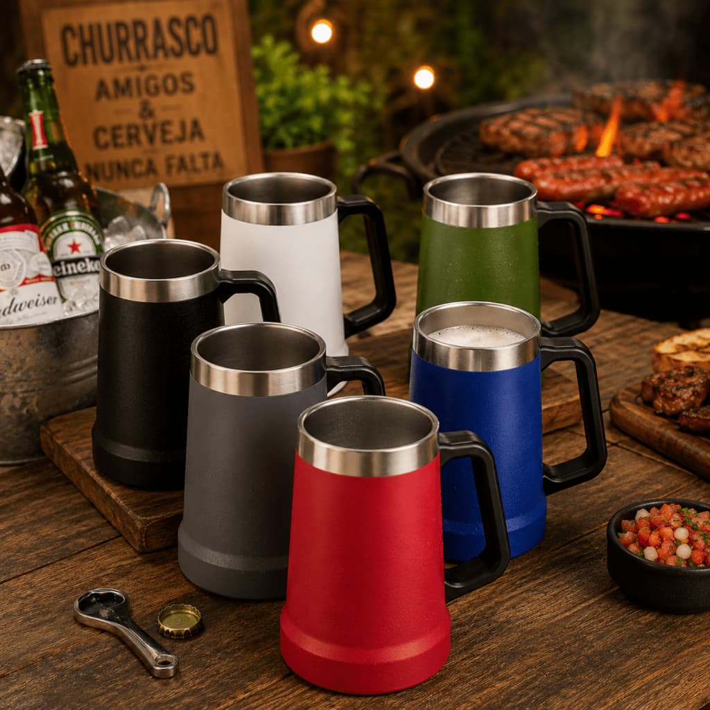 Caneca Térmica 710ml Chopp Cerveja Dupla Camada Inox 304 Alça Mantém Bebidas Geladas Churrasco