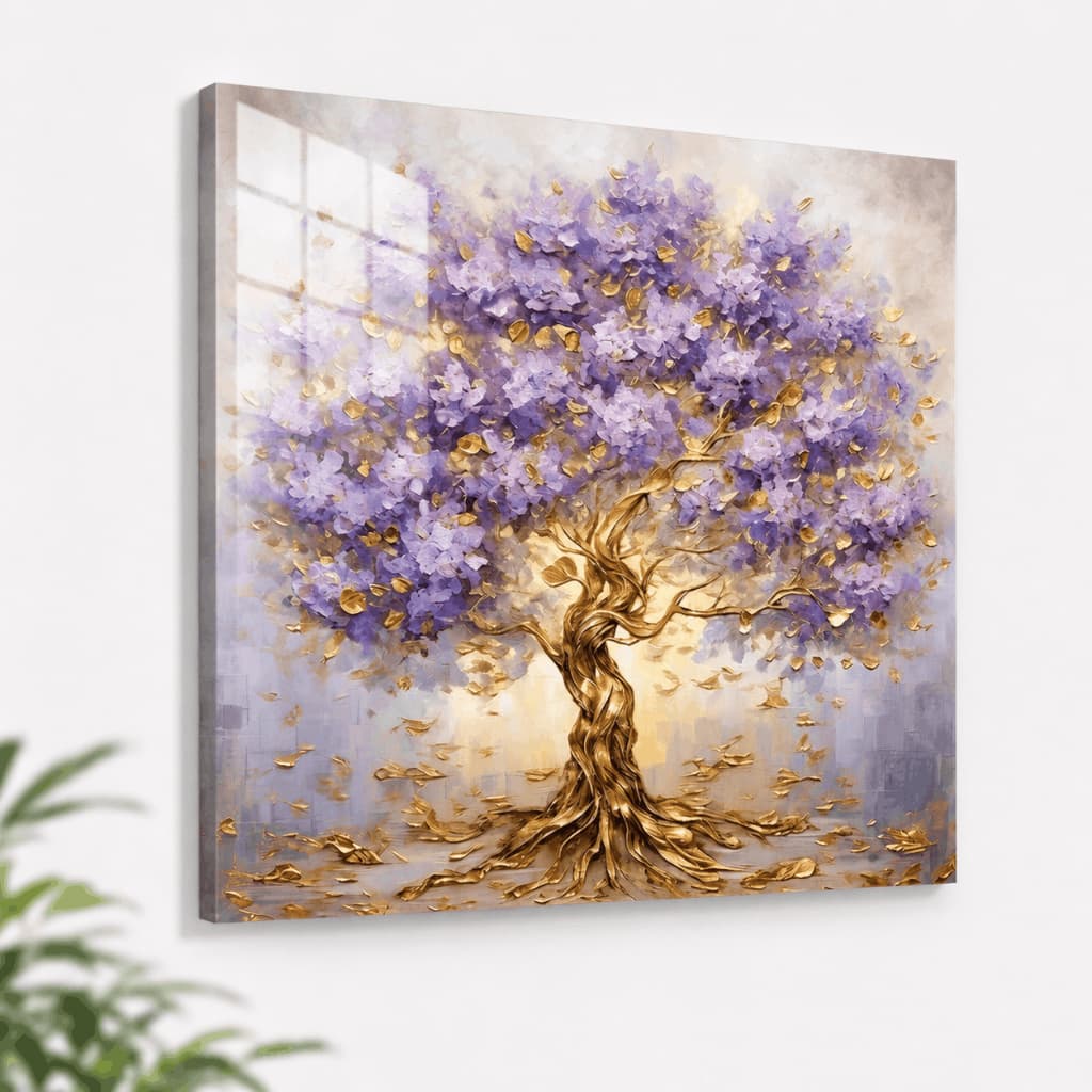 Quadro Decorativo Árvore Lilás Dourada Floral Elegante Premium Para Sala Quarto E Escritório