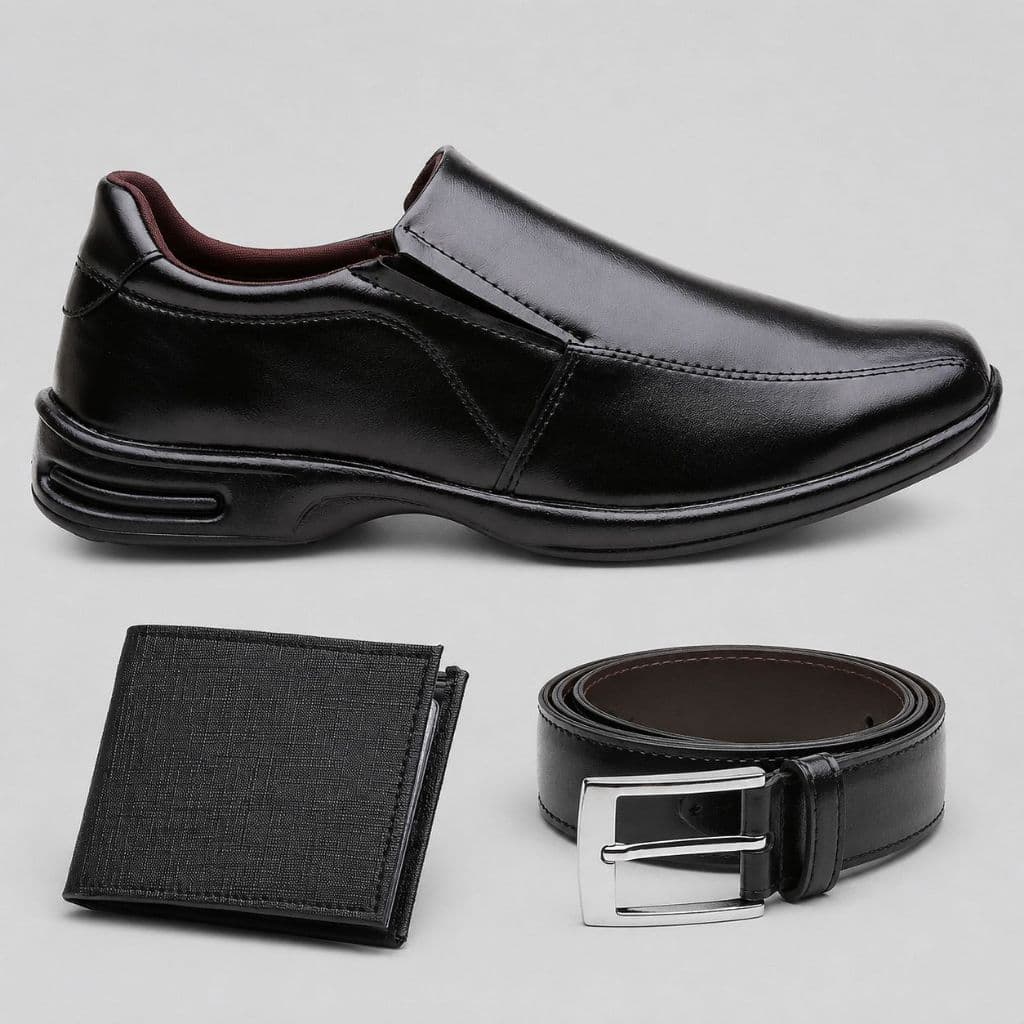 Kit Masculino Sapato Social Ortopédico Confortável Sem Cadarço Carteira Cinto Dupla Face Preto Marrom