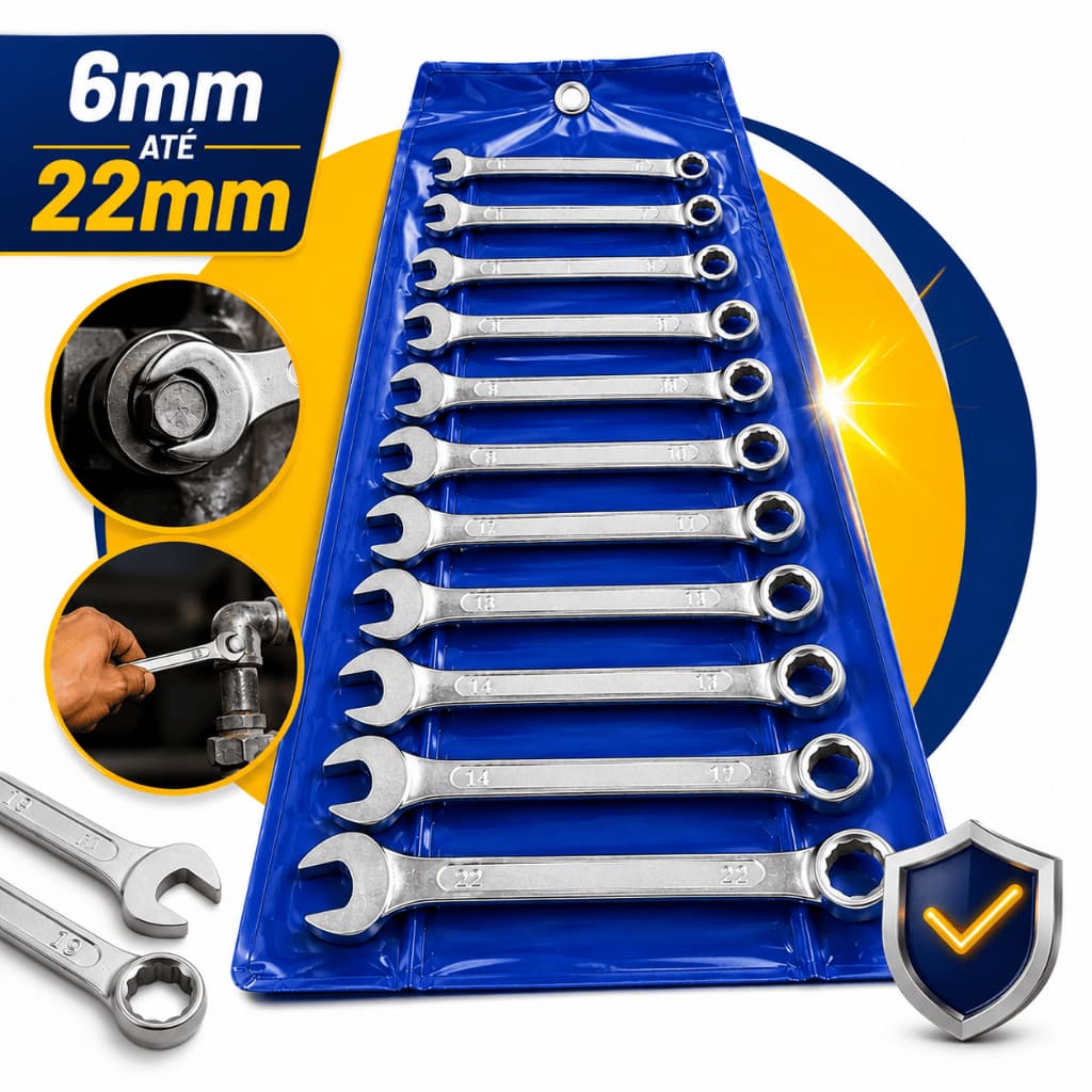 Jogo Chave Combinada 12 Peças 6mm à 22mm Aço Cromado Eda Profissional Resistente Forte