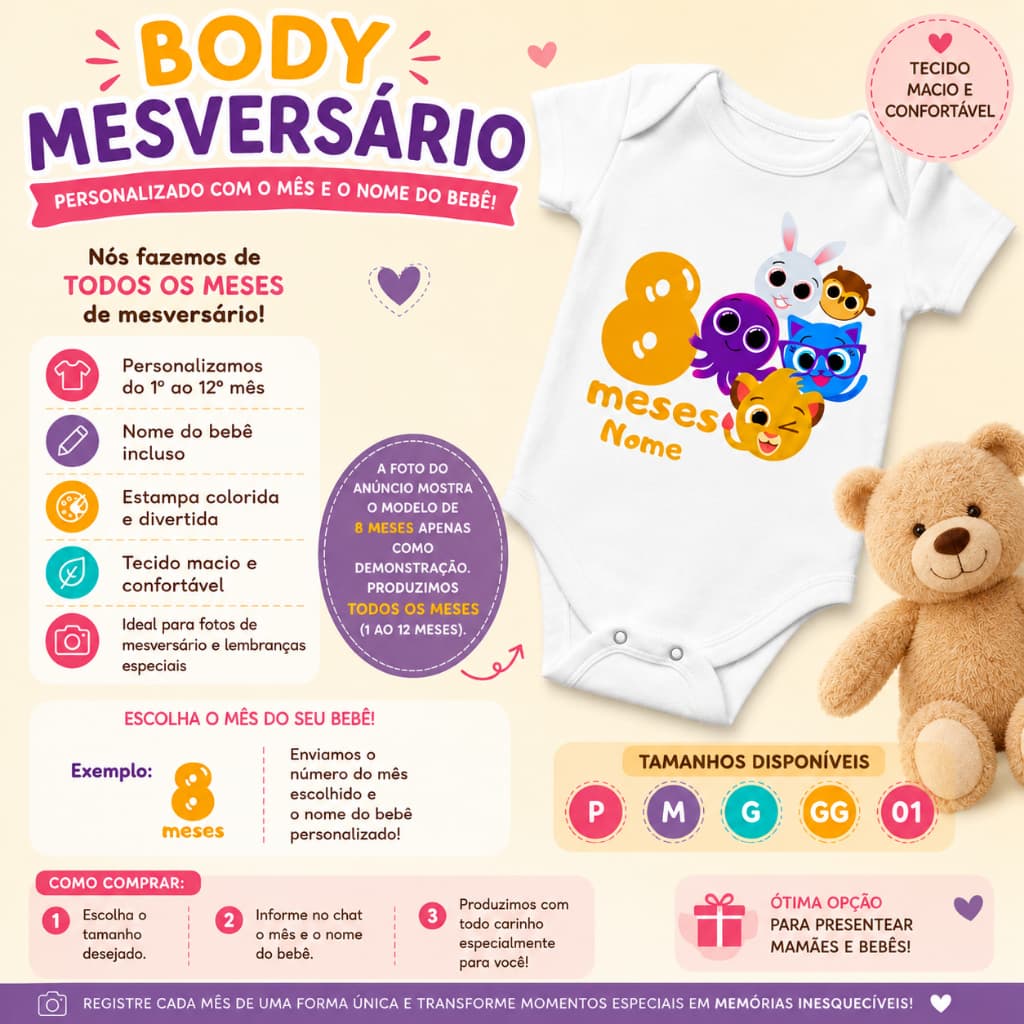 Body bebê branco manga curta tema mesversário Bolofofos Personalizado com Nome