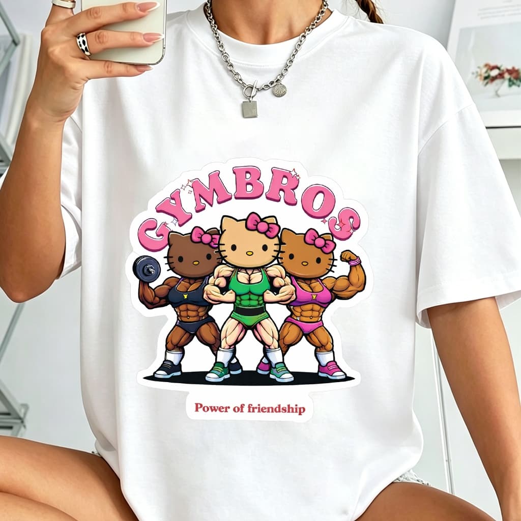 Camiseta 100% Algodão Unissex Três Hello Kitty Musculosas Frase Gymbros Power of Friendship, Plus Size P ao G3
