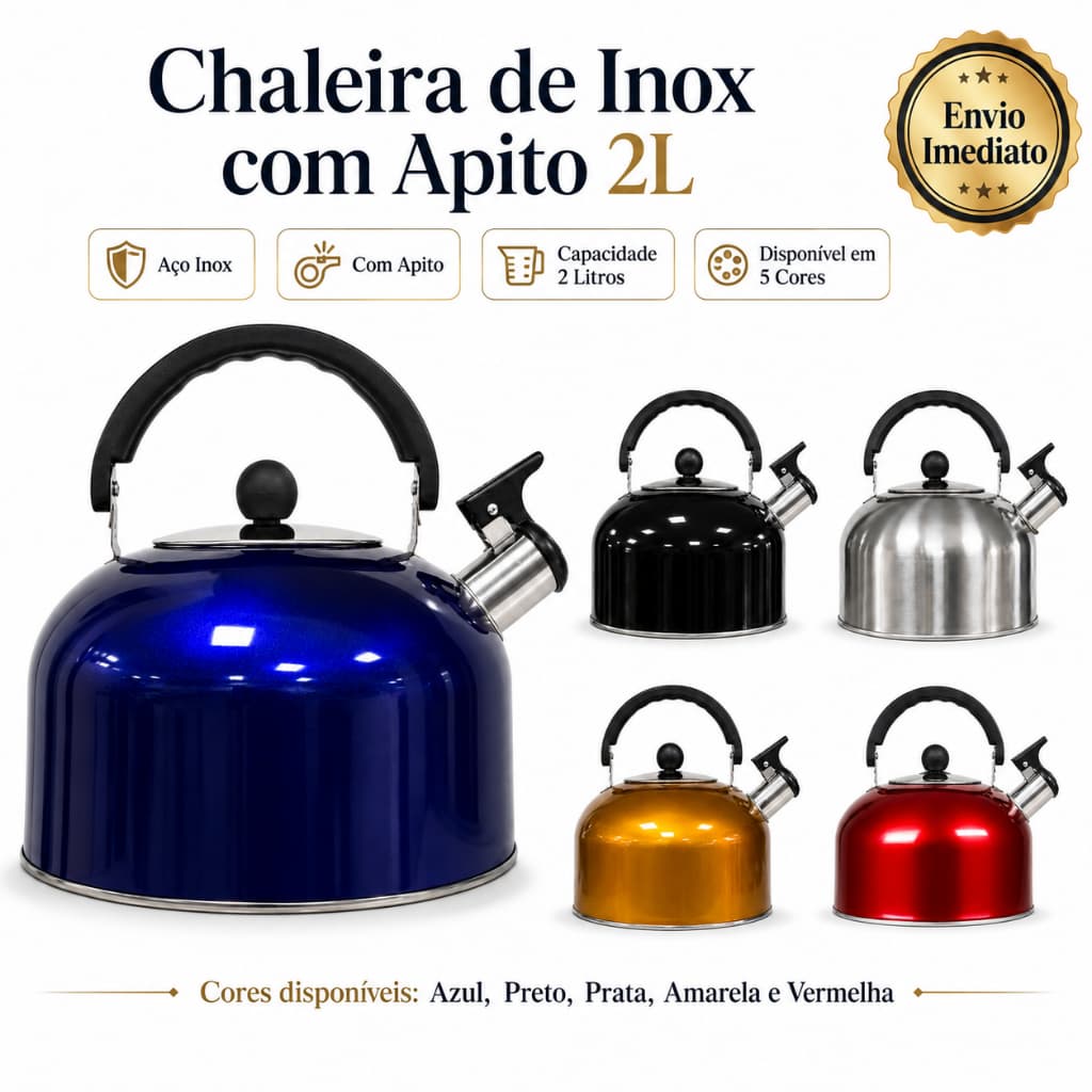 Chaleira Em Aco Inox Com Apito 2 Litros Design Moderno Top Cozinha Cafe Cha Envio Imediato
